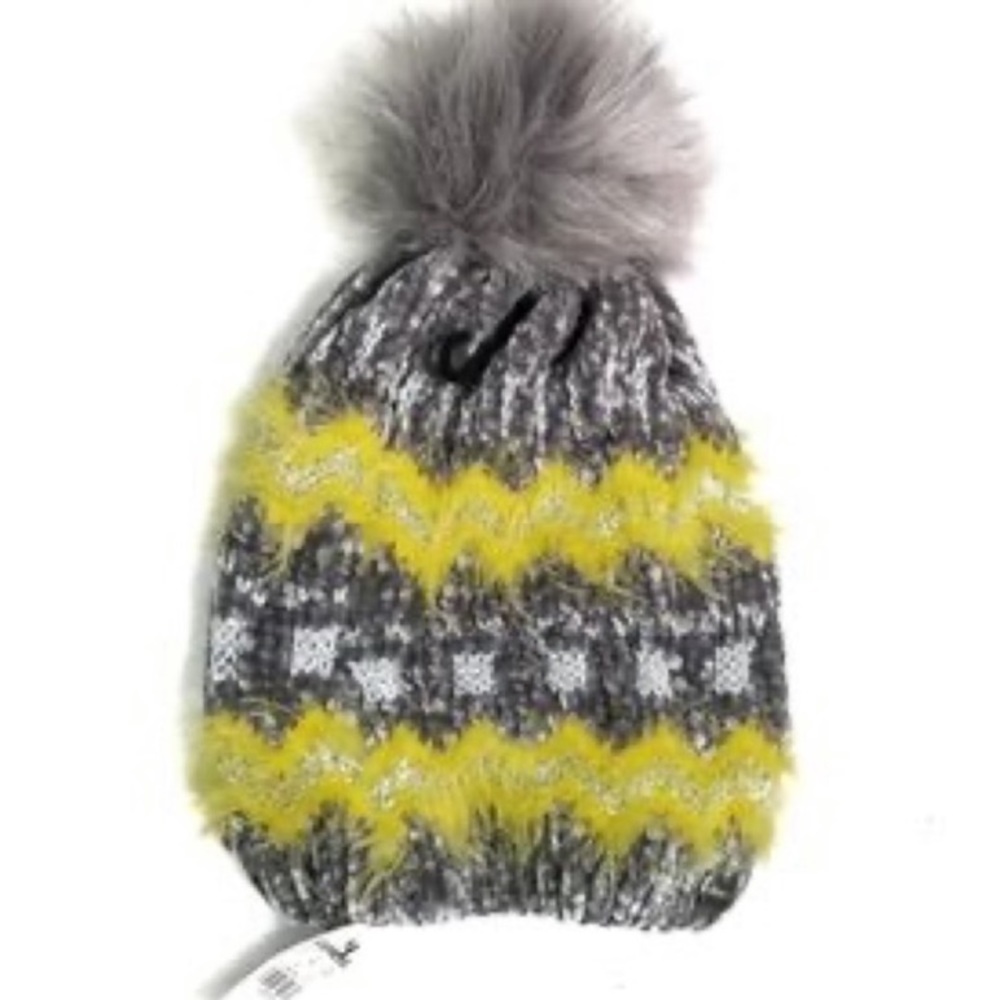 NWT Express grey and yellow fuzzy beanie with Pom